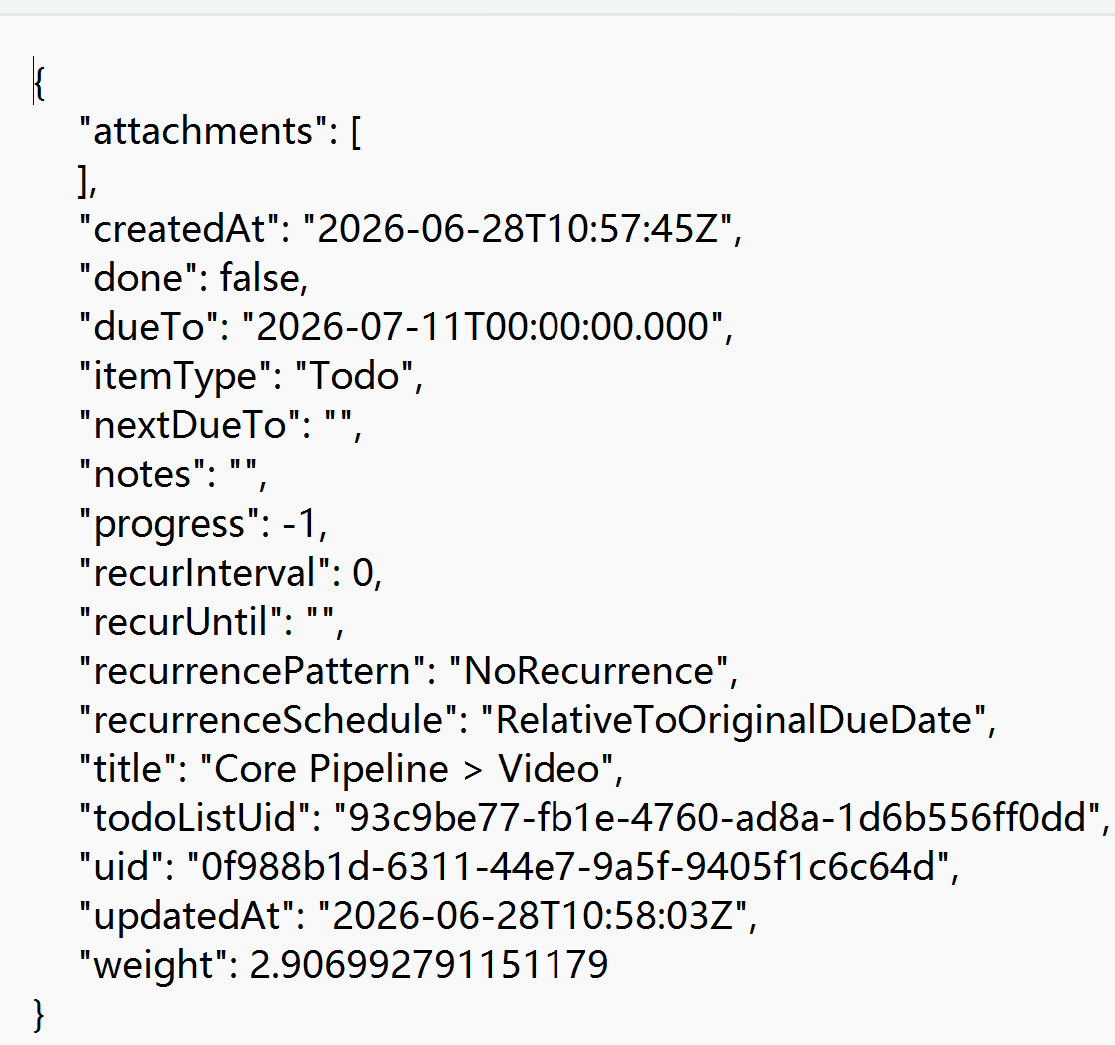 Each task's underlying JSON structure is exposed directly in OpenTodoList's UI as well as on disk — scriptable, grepable, inspectable.