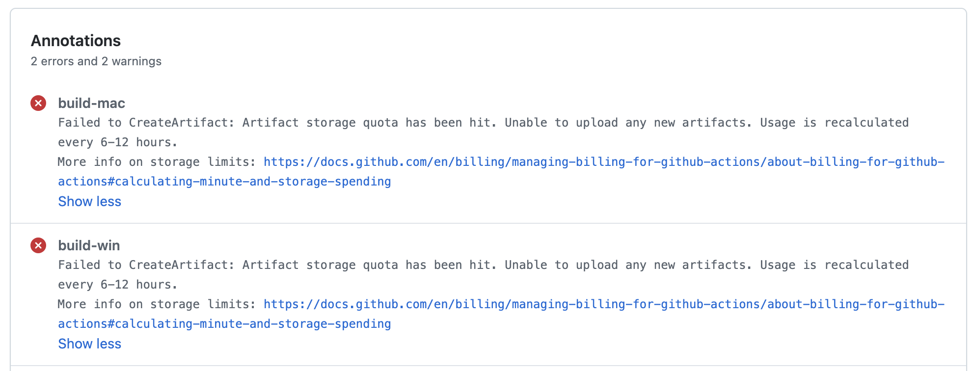 GitHub Actions storage quota error