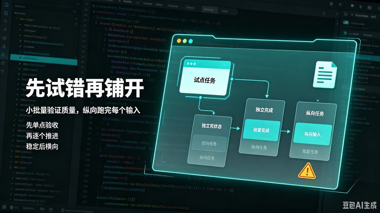 封面图:先试错再铺开——小批量验证质量,纵向跑完每个输入