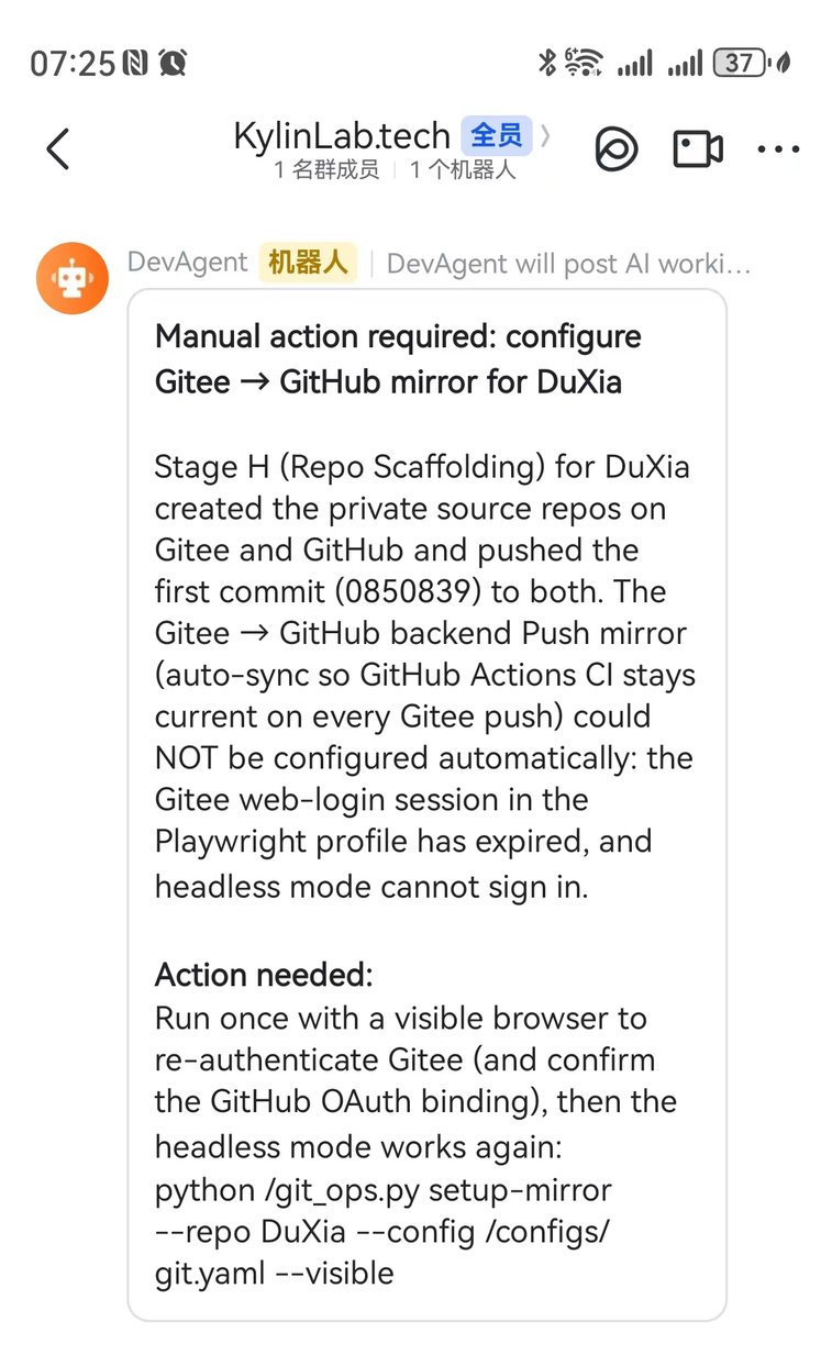 飞书群里收到的 AI 任务告警卡片:Manual action required,含背景说明与可直接执行的命令