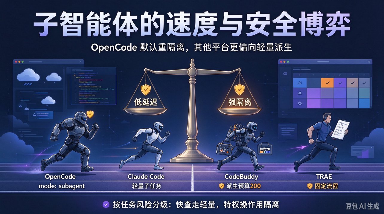 封面图：四个 AI 编程智能体在同一条跑道上竞速——OpenCode 身披重甲跑 mode: subagent，Claude Code 轻装冲刺做轻量子任务，CodeBuddy 背着「派生预算 200 / 并发 20」的工具箱，TRAE 抱着固定流程文件；中央天平的「低延迟」与「强隔离」两端各挂一个选手