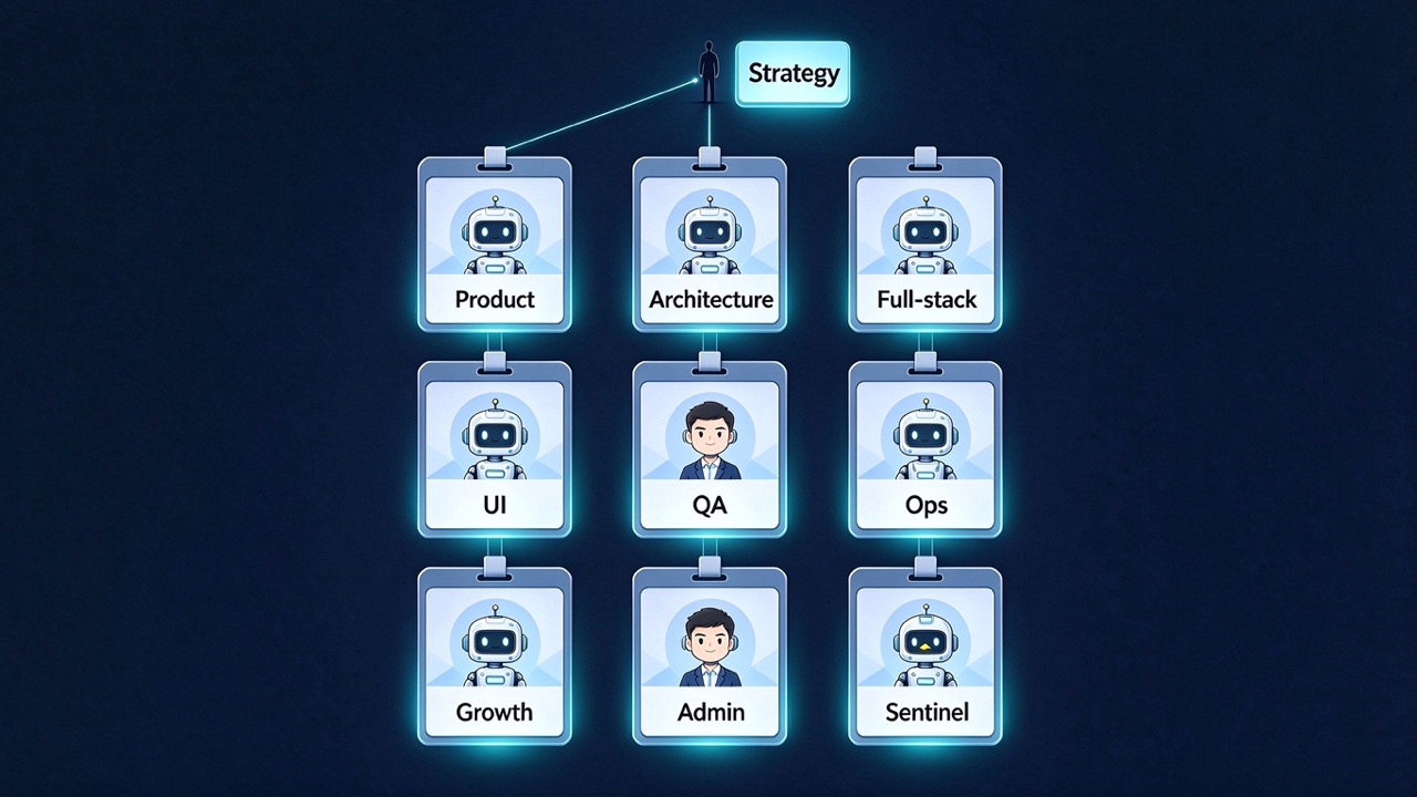 A 3x3 wall of robot ID badges: nine agent roles, one per cell, with the human appearing only in the strategy cell