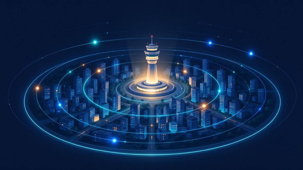A glowing circular city at night: a brightly lit control tower at the center, nine light points cruising along ring orbits
