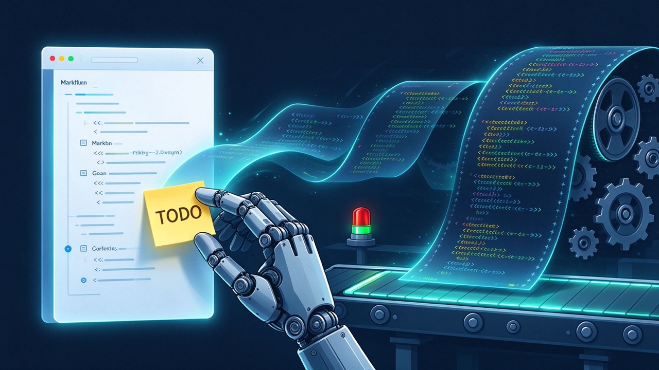 机械手从发光的 Markdown 文档上揭下一张黄色 TODO 便签，文档展开成代码长卷，流入带齿轮的生产线
