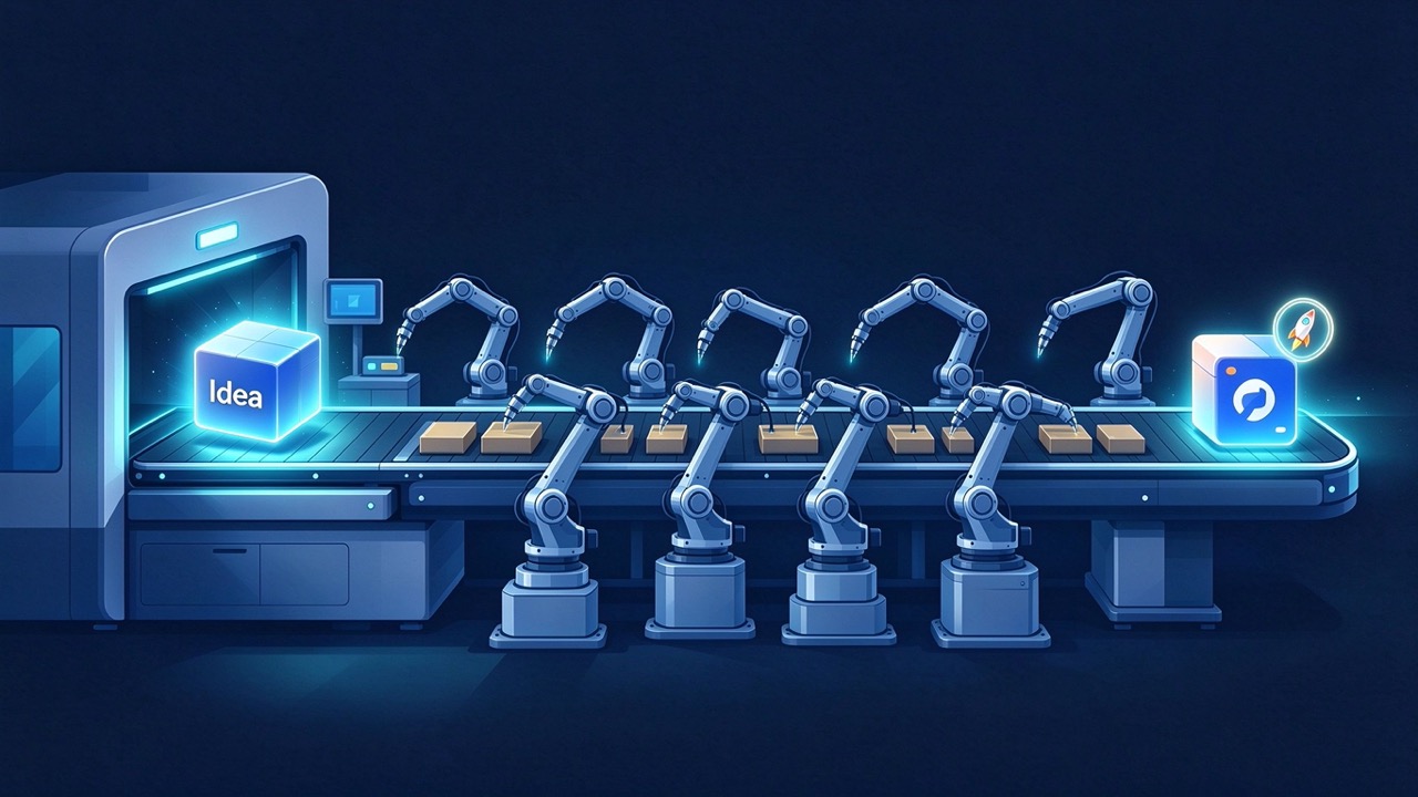 An idea box entering an assembly line, nine robotic arms collaborating, an app box with a rocket badge exiting