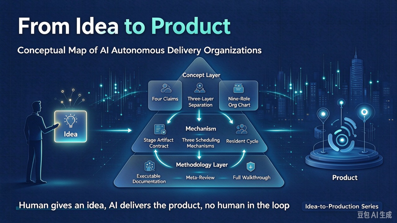 Cover image: from idea to product — conceptual map of an AI autonomous delivery organization: a person provides an idea on the left, a pyramid shows the concept / mechanism / methodology loop in the middle, and the product ships on the right, with the tagline "Human gives an idea, AI delivers the product, no human in the loop"