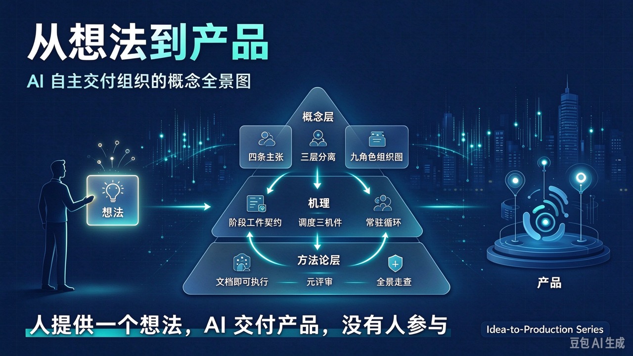 封面图：从想法到产品——AI 自主交付组织概念全景图：左侧一人提供一个想法，中间金字塔自上而下是概念层、机理、方法论三层闭环，右侧产出到产品，底部标语「人提供一个想法，AI 交付产品，没有人参与」